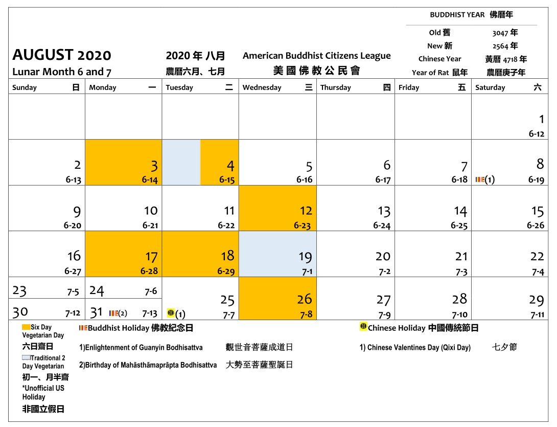 August 2020. The 3, 4, 12, 17, 18 and 26 day are Six Day Vegan days. The 4 and 19 are 2 Day Vegan days. The Buddhist holidays are - the 8 is Enlightenment Day of Guanyin Bodhisattva and the 31 is the birthday of Mahasthamaprapta Bodhisattva. The 25 is Chinese Valentines Day.